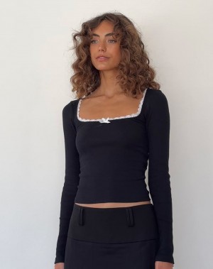 Women's Motel Rocks Bovita Long Sleeve T Shirts Black White | QNT9328IJ