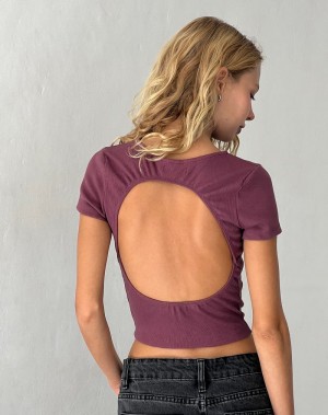 Women's Motel Rocks Elyto Ribbed Open Back Tee T Shirts Purple | WLY8010TU