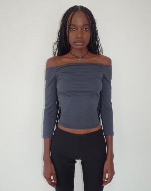 Women's Motel Rocks Koby Off Shoulder Bardot T Shirts Blue Grey | VVH2931QA