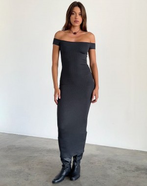 Women's Motel Rocks Racha Thick Rib Bardot Maxi Dress Black | INN4731YO