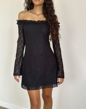 Women's Motel Rocks Severine Bardot Lace Mini Dress Black | EWK657MH