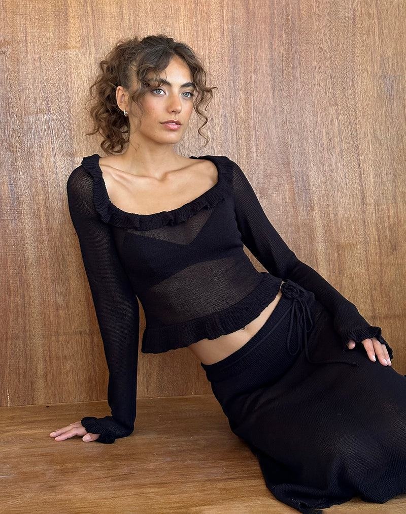 Women's Motel Rocks Ayako Frill Fine Knit T Shirts Black | RBY516YL