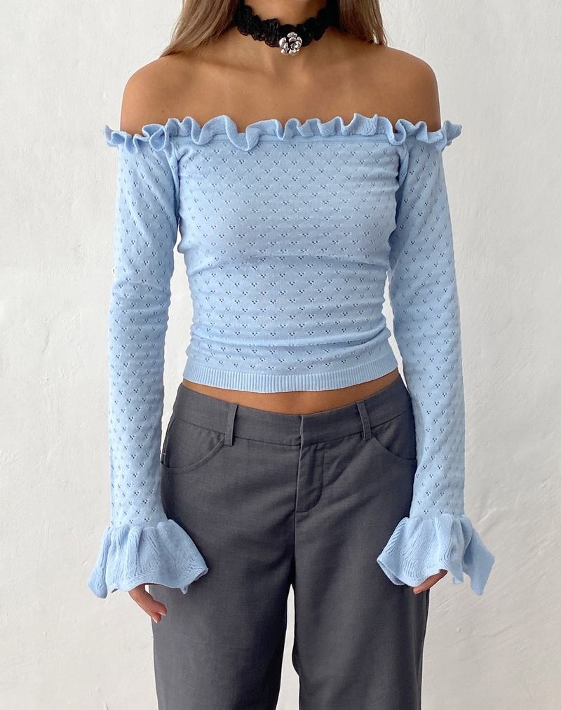 Women's Motel Rocks Delaney Knitted Frill Bardot T Shirts Blue | SDX2928IJ