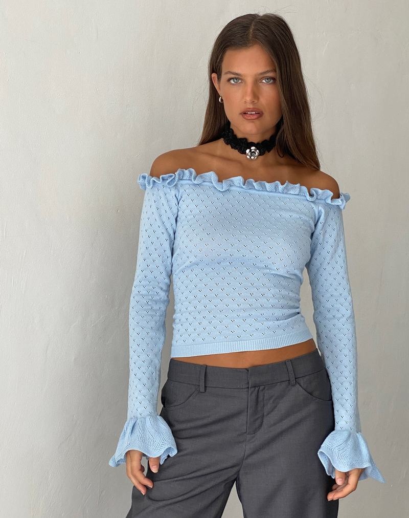 Women\'s Motel Rocks Delaney Knitted Frill Bardot T Shirts Blue | SDX2928IJ