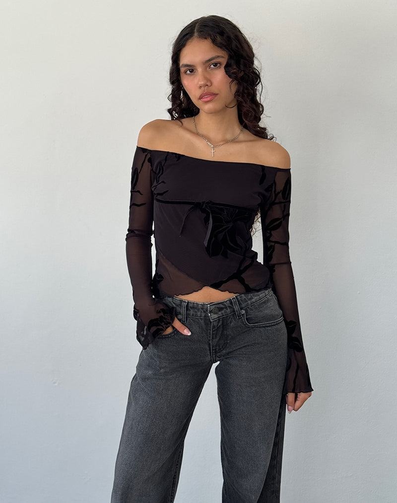 Women's Motel Rocks Kareena Long Sleeve Bardot T Shirts Purple Black | OTT45100HV
