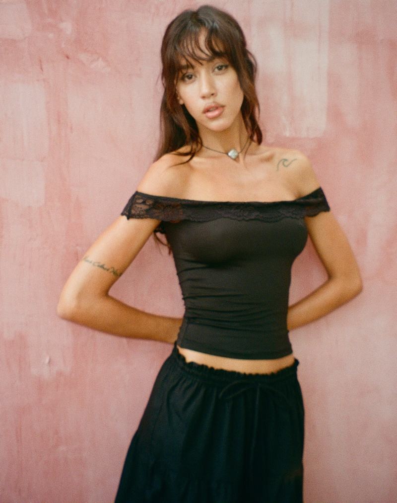 Women's Motel Rocks Nesel Bardot Cropped Tops Black | XBR7693QO