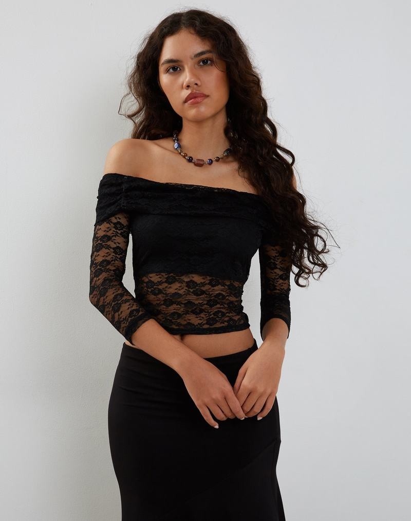 Women's Motel Rocks Nixie Long Sleeve Bardot T Shirts Black | QKW5842OE