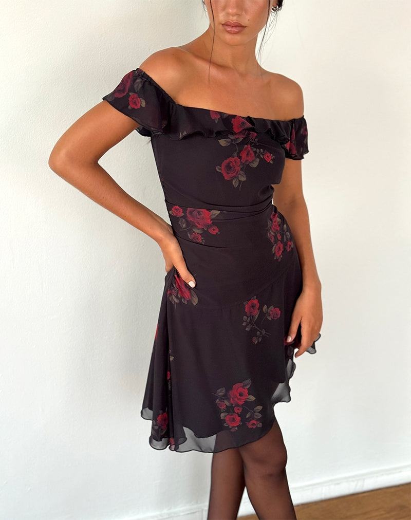 Women's Motel Rocks Ursula Bardot Mini Dress Black Red | CHV784RD