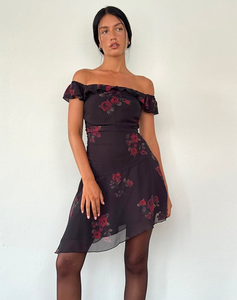 Women\'s Motel Rocks Ursula Bardot Mini Dress Black Red | CHV784RD
